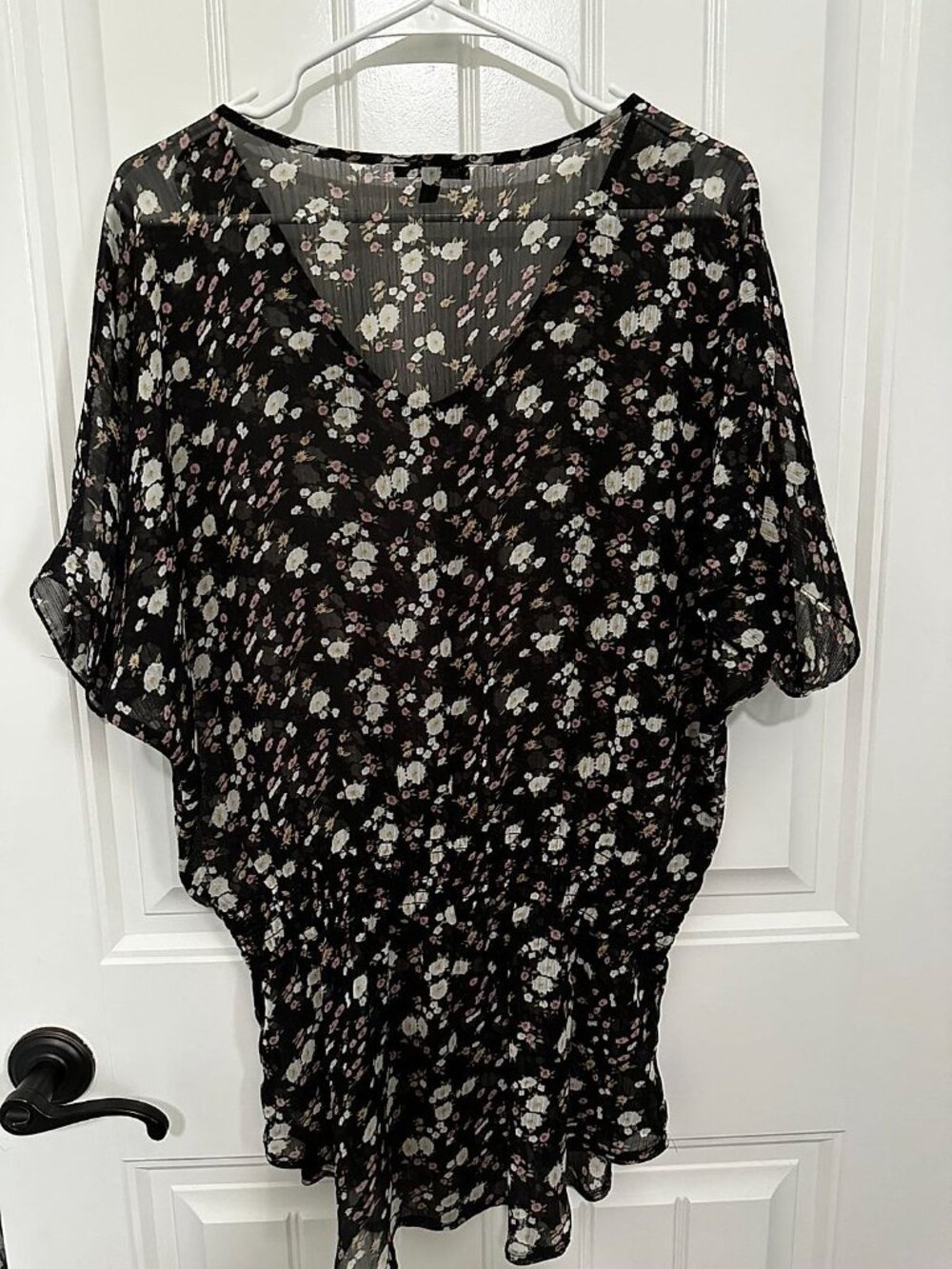 Express Sheer Floral Chiffon Dolman Sleeve VNeck Blouse Smocked Elastic Waist Pe - Picture 3 of 3